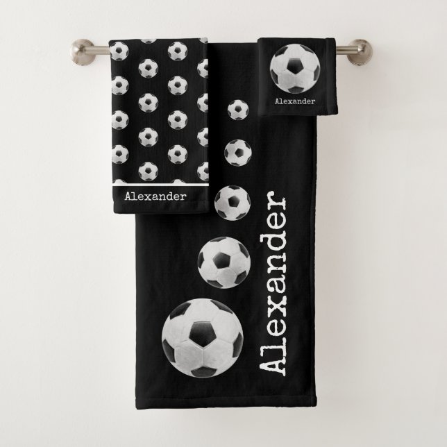 Monogrammed name Soccer football black Bath Towel Set (Insitu)