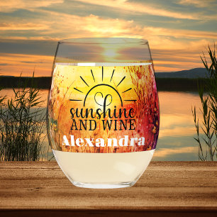 Monogrammed Name "Sunshine and Wine" wildflower Stemless Wine Glass