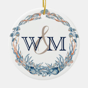 Monogrammed Nautical Blue Mauve Sea Shell Ornament