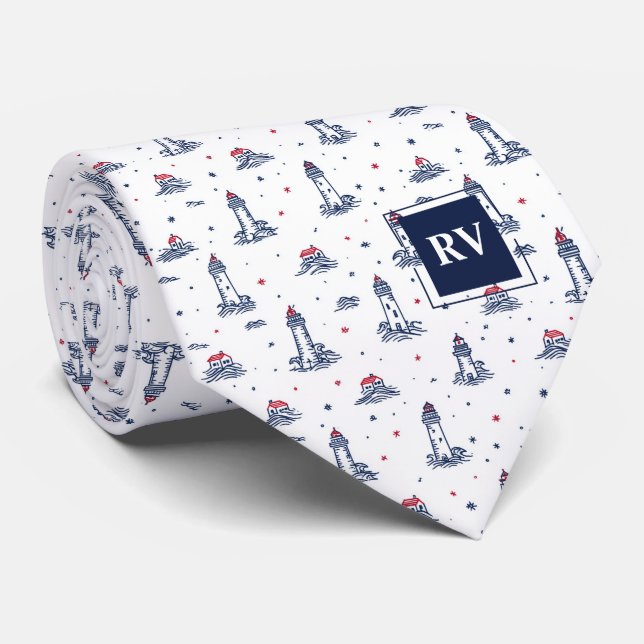 Monogrammed Nautical Lighthouses & Waves Tie (Rolled)