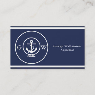 Monogrammed Nautical Navy Blue Anchor and Line Business Card