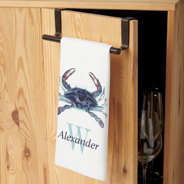 Monogrammed Nautical Navy Blue Grey Teal Crab  Kitchen Towel (Thirds Fold)