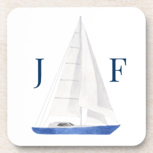 Monogrammed Nautical Watercolor Sail Boat  Coaster