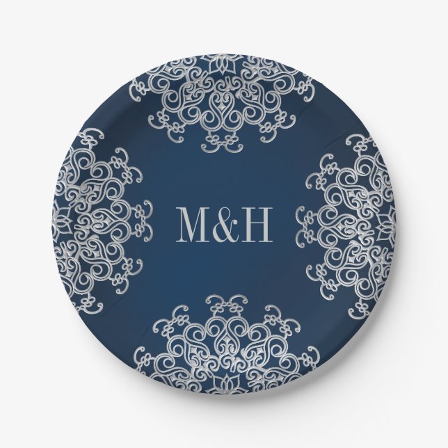 Monogrammed Navy and Silver Indian Style Wedding Paper Plate (Front)