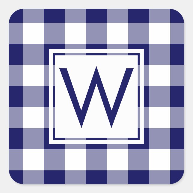 Monogrammed Navy and White Gingham Plaid Pattern Square Sticker (Front)