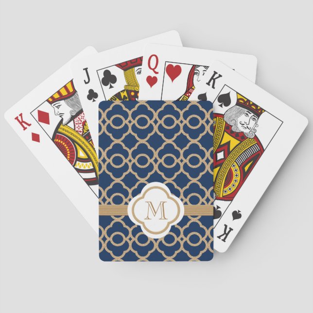 Monogrammed Navy Blue and Gold Moroccan Playing Cards (Back)