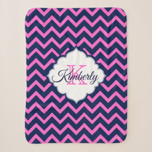 Monogrammed Navy-Blue And Pink Chevron Sherpa Blanket