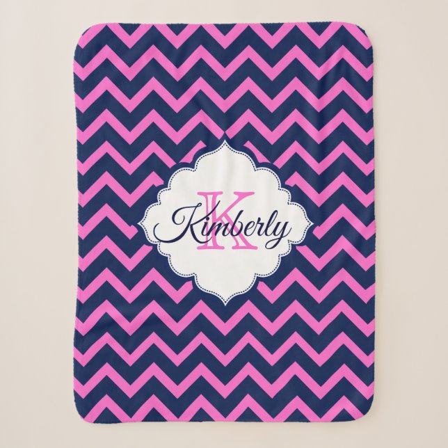 Monogrammed Navy-Blue And Pink Chevron Sherpa Blanket (Front)