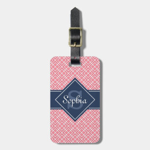 Monogrammed Navy Blue and Pink Diamond Pattern Luggage Tag