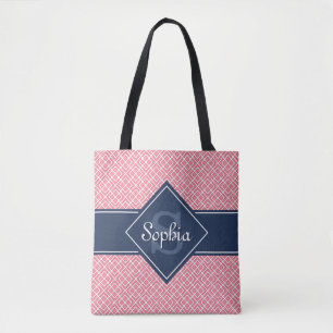 Monogrammed Navy Blue and Pink Diamond Pattern Tote Bag