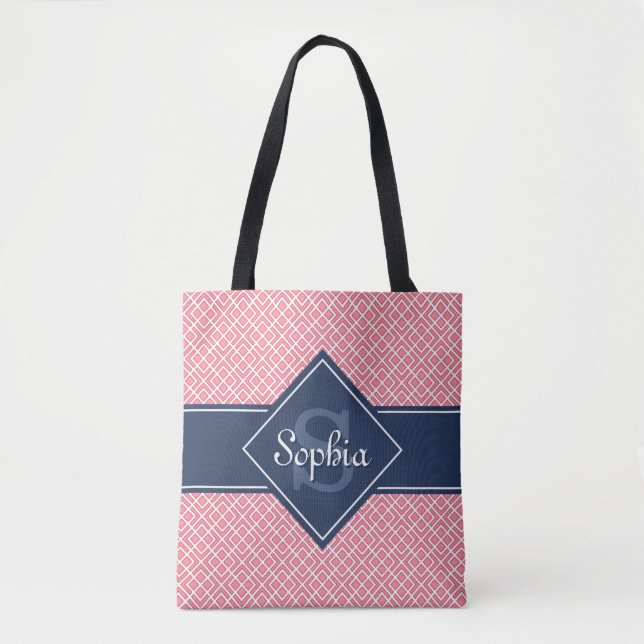 Monogrammed Navy Blue and Pink Diamond Pattern Tote Bag (Front)