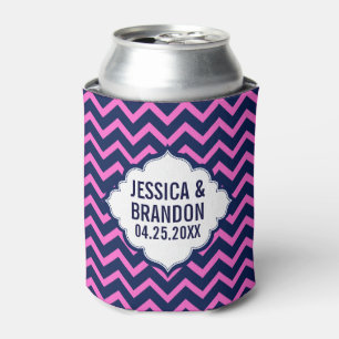Monogrammed Navy-Blue And Pink Zigzag Chevron 2 Can Cooler