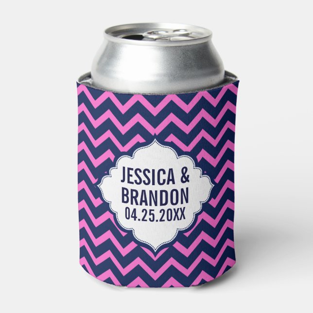Monogrammed Navy-Blue And Pink Zigzag Chevron 2 Can Cooler (Can Front)