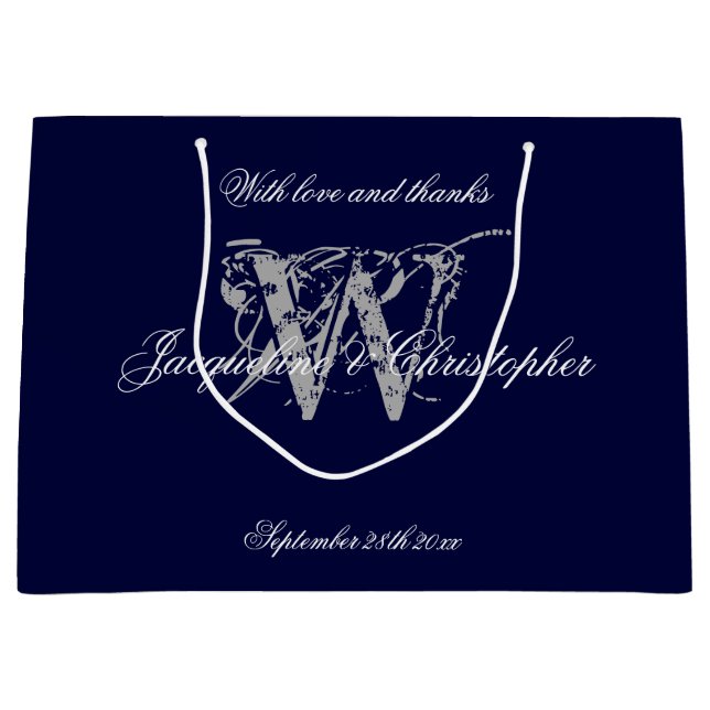 Monogrammed Navy Blue And Silver Chic Wedding   Large Gift Bag (Front)