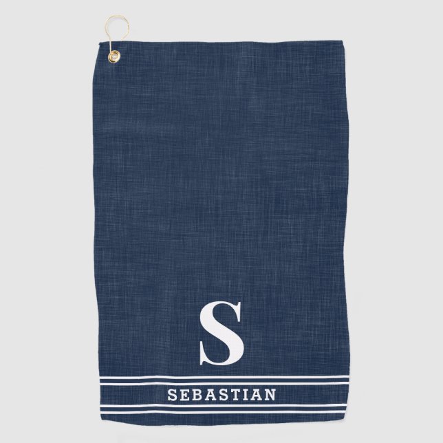 Monogrammed Navy Blue and White Modern Golf Towel (Front)