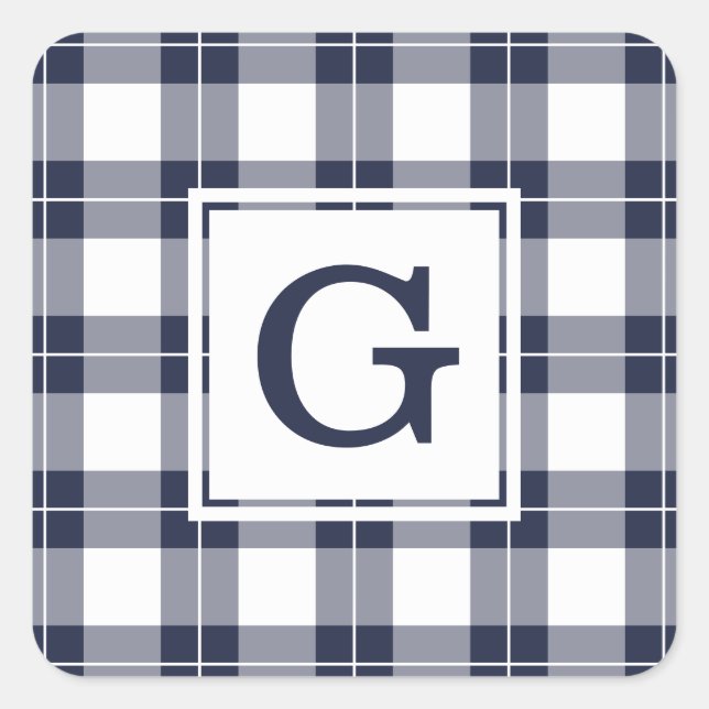 Monogrammed Navy Blue and White Plaid Pattern Square Sticker (Front)