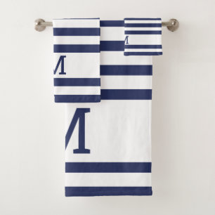 Monogrammed Navy Blue And White Striped Bath Towel Set