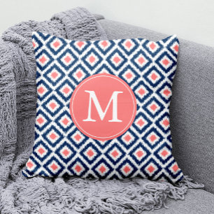 Monogrammed Navy Blue Coral Diamonds Ikat Pattern Throw Pillow