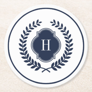 Monogrammed Navy-Blue Crest Wreath Circle Frame Round Paper Coaster