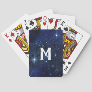 Monogrammed Navy Blue Galaxy Cluster Poker Cards