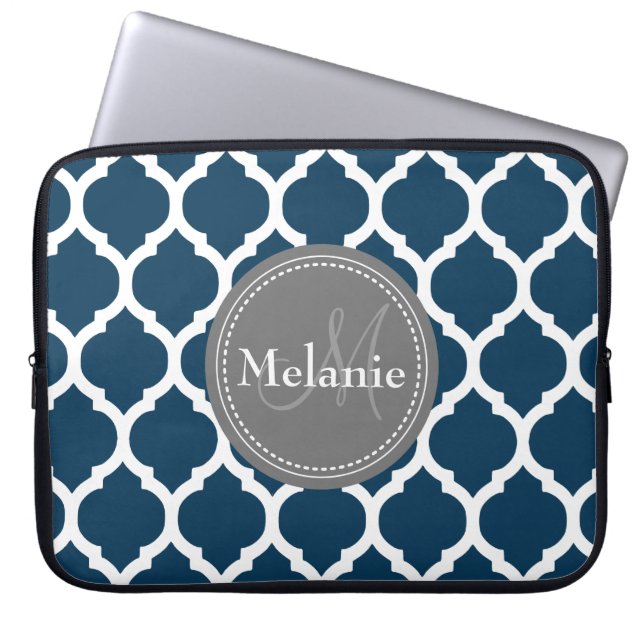 Monogrammed Navy Blue & Grey Quatrefoil Laptop Sleeve (Front)