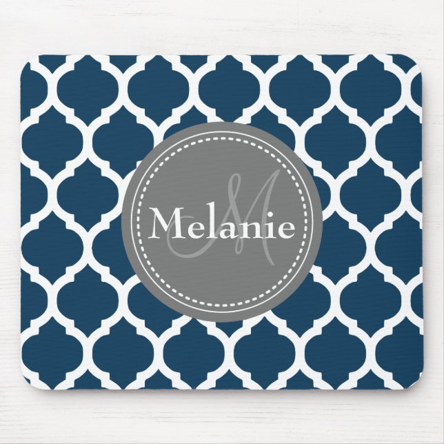Monogrammed Navy Blue & Grey Quatrefoil Mouse Pad (Front)
