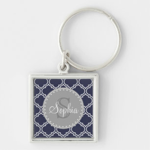 Monogrammed Navy Blue Lattice Pattern Keychain