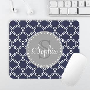 Monogrammed Navy Blue Lattice Pattern Mouse Pad
