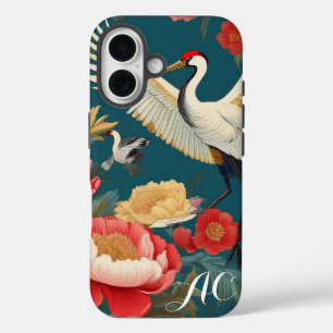Monogrammed Navy Blue Peonies & Crane Chinoiserie  iPhone 16 Case