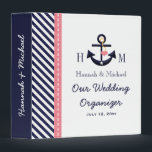 Monogrammed Navy Blue Pink Anchor Wedding Planner Binder<br><div class="desc">This cute and girly nautical themed wedding day planner and organizer can be converted into a photo album or scrapbook of your special day. Diagonal navy blue and white stripes, a pink stitched ribbon look design and an anchor with a star and red heart hanging off of it completes this...</div>