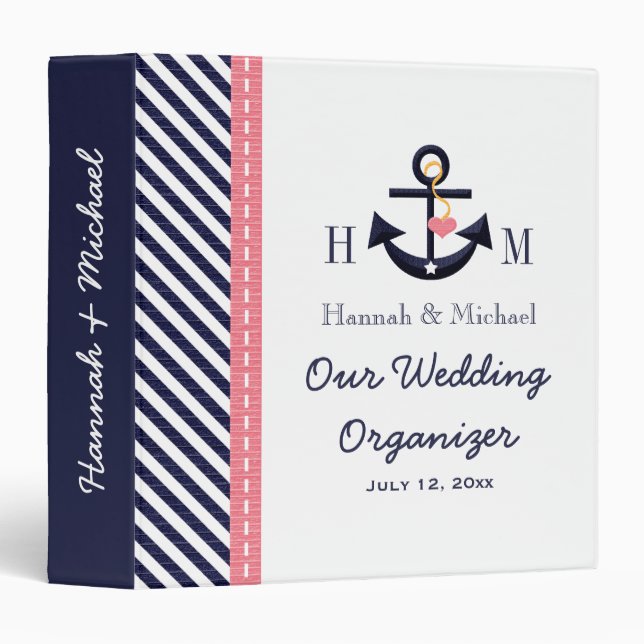 Monogrammed Navy Blue Pink Anchor Wedding Planner Binder (Front/Spine)