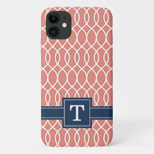 Monogrammed Navy Blue Pink Lattice Pattern iPhone 11 Case
