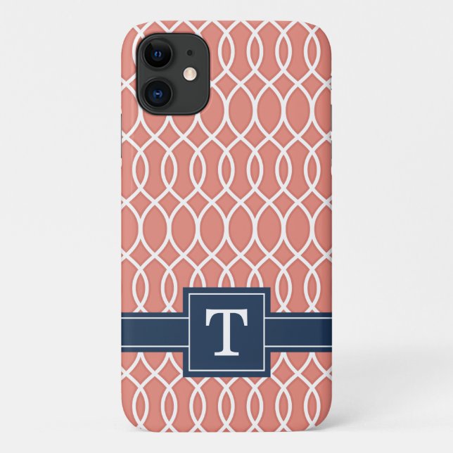 Monogrammed Navy Blue Pink Lattice Pattern Case-Mate iPhone Case (Back)