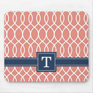 Monogrammed Navy Blue Pink Lattice Pattern Mouse Pad