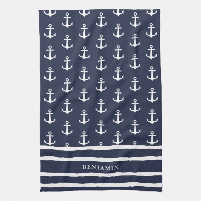 Monogrammed Navy Blue White Anchor Nautical Kitchen Towel (Vertical)