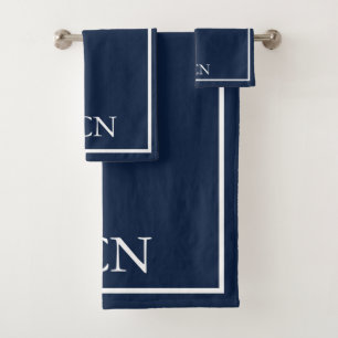 Monogrammed Navy Blue White Border Classic Bath Towel Set