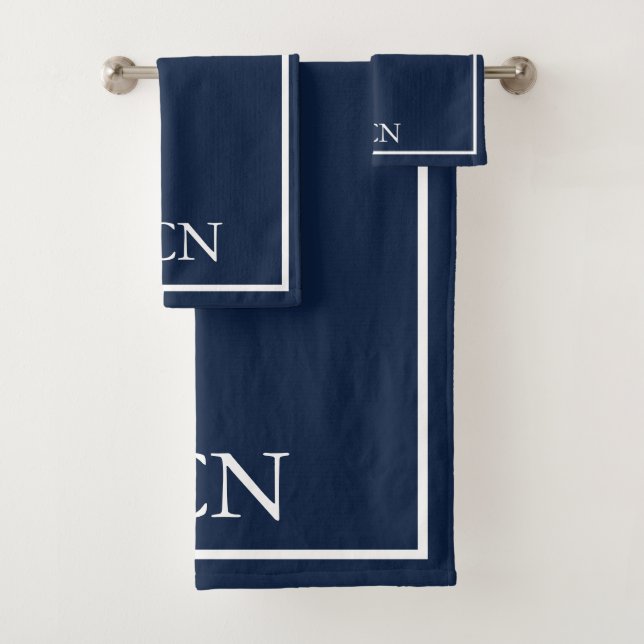 Monogrammed Navy Blue White Border Classic  Bath Towel Set (Insitu)