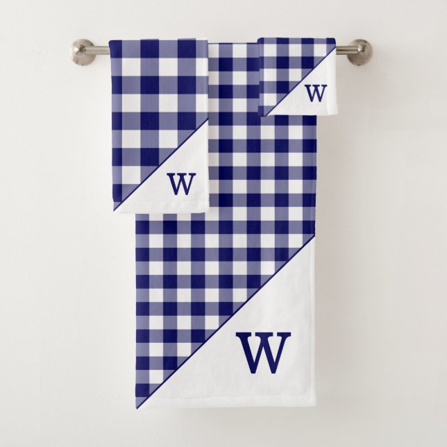 Monogrammed Navy Blue White Buffalo Plaid Pattern Bath Towel Set (Insitu)