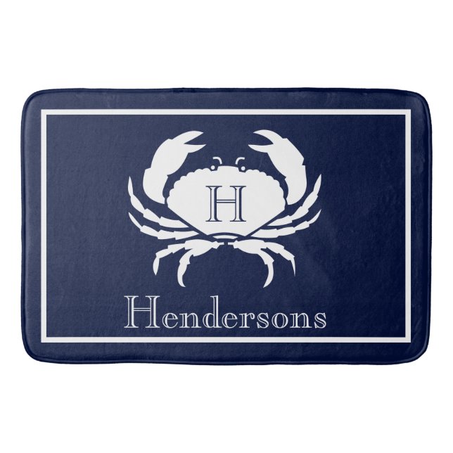 Monogrammed Navy Blue White Crab Nautical  Bath Mat (Front)