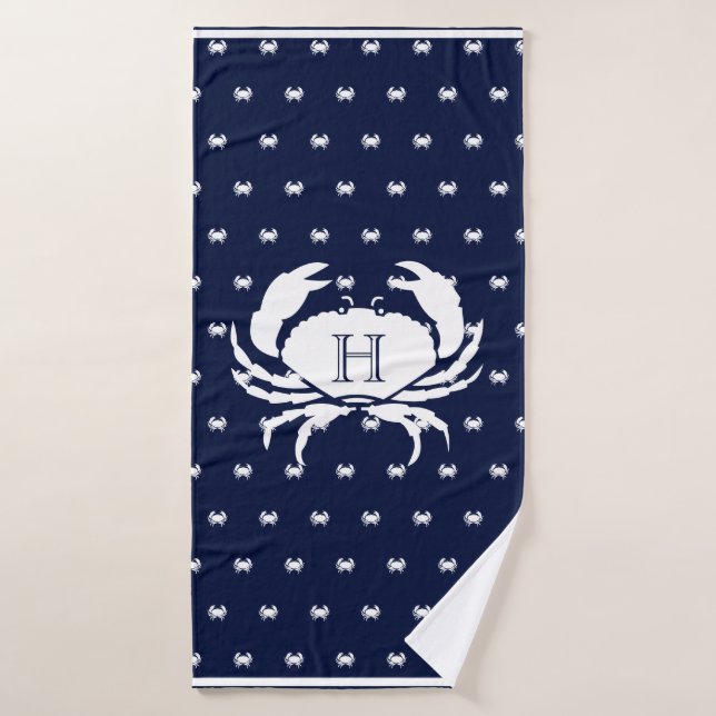 Monogrammed Navy Blue White Crab Nautical   Bath Towel (Bath Towel)