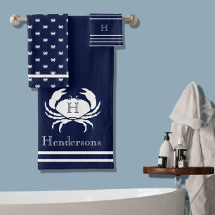 Monogrammed Navy Blue White Crab Nautical Bath Towel Set