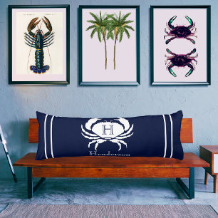 Monogrammed Navy Blue White Crab Nautical   Body Pillow