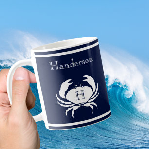 Monogrammed Navy Blue White Crab Nautical   Coffee Mug