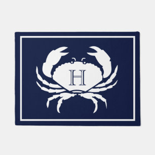 Monogrammed Navy Blue White Crab Nautical Doormat