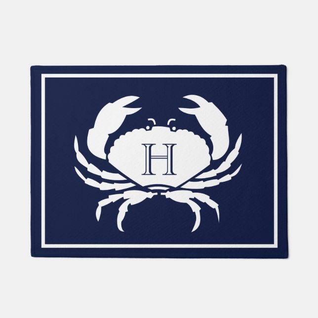 Monogrammed Navy Blue White Crab Nautical Doormat (Front)