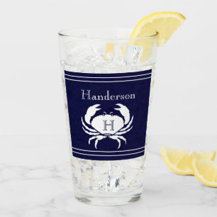 Monogrammed Navy Blue White Crab Nautical Glass