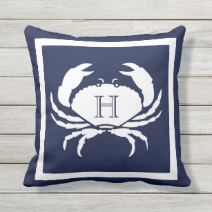 Monogrammed Navy Blue White Crab Nautical Outdoor Pillow
