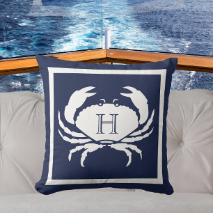 Monogrammed Navy Blue White Crab Nautical Outdoor Pillow