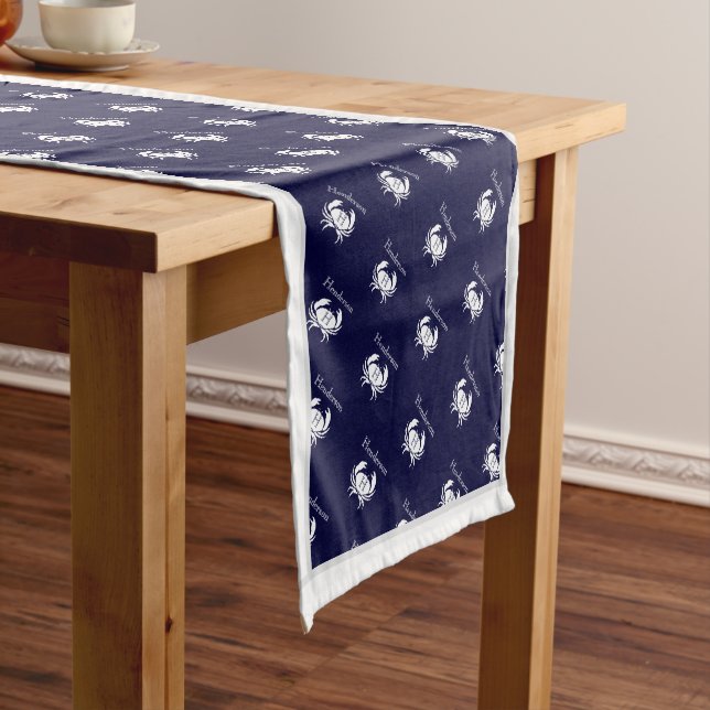 Monogrammed Navy Blue White Crab Nautical Short Ta Short Table Runner (In Situ)