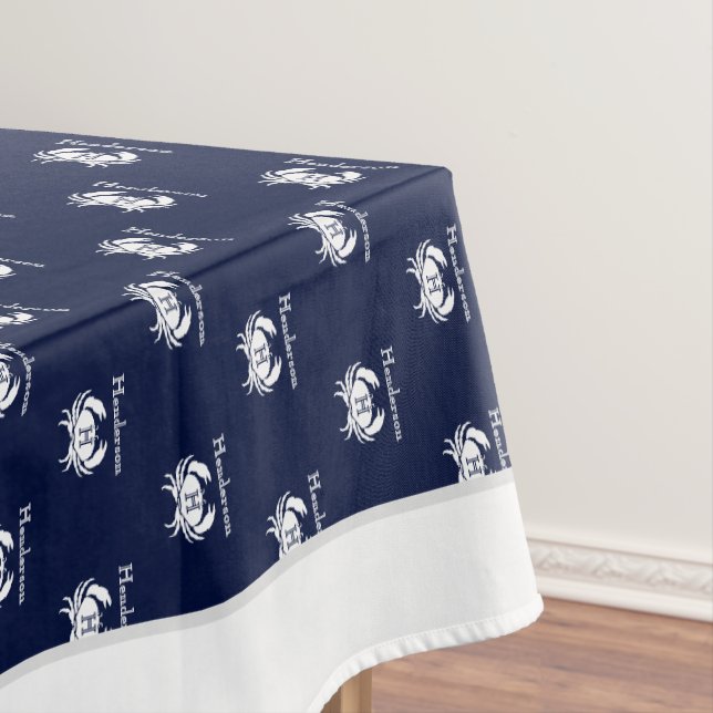 Monogrammed Navy Blue White Crab Nautical   Tablec Tablecloth (In Situ)